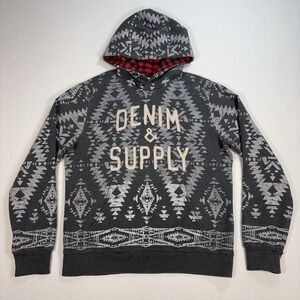 Denim & Supply Ralph Lauren Hoodie Men's M Gray Aztec Spellout‎ Pocket Fleece